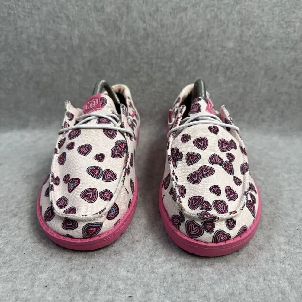 Hey Dude Shoes Youth 4 Wendy White Pink Slip On Heart Print Comfort Shoes New